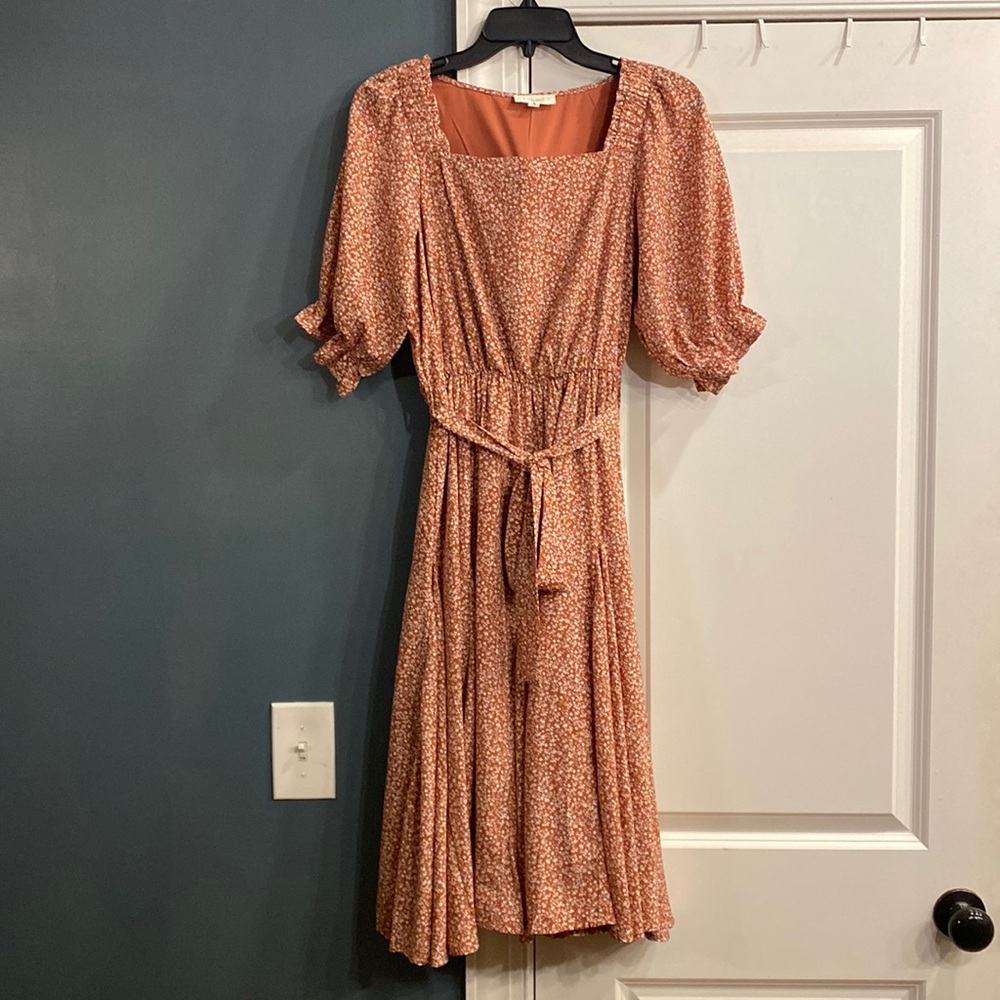 bohme Rust Floral Square-Neck Midi Dress